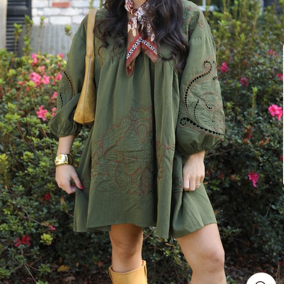 Entro Dresses & Skirts - Olive Green Embroidered Dress